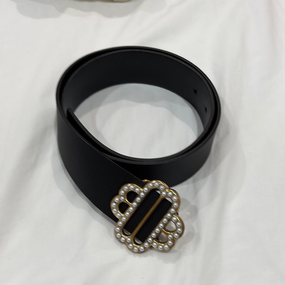 Maje Black Belt with Pearl and Gold Buckle